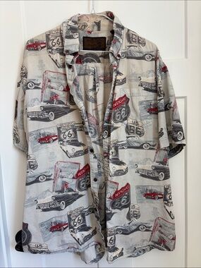 100% cotton vintage  Route 66 Button-Up Shirt - Beige with Red & Black Print
